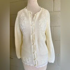 Vtg Montgomery Ward Cream Embroidered Floral Cardigan Sweater Sz M Cottage Boho